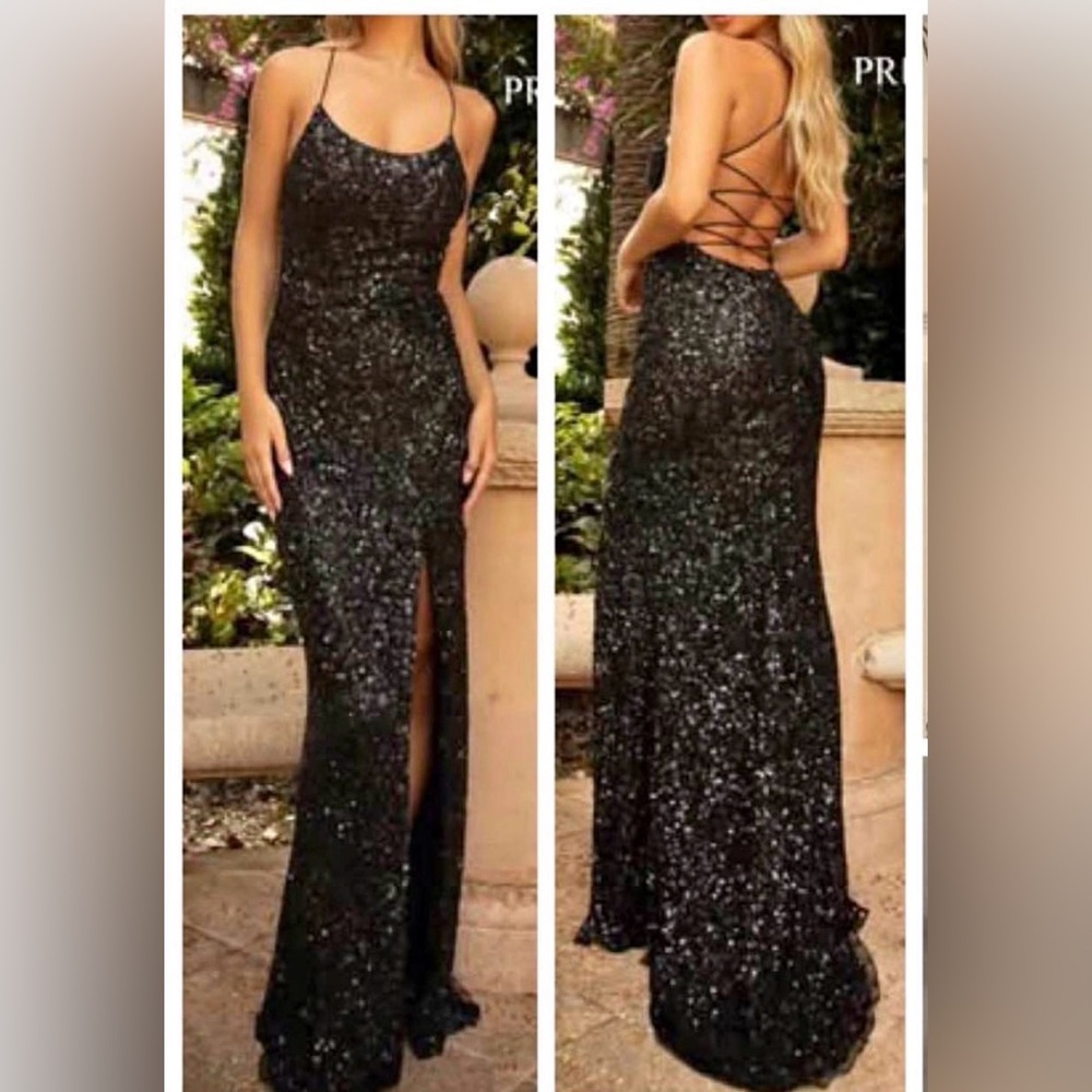 Elegant Black Sequin Strappy Back Evening Gown